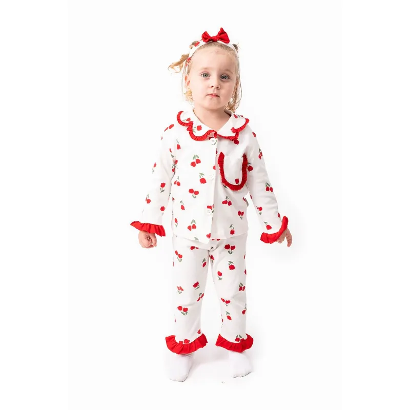 Kız Çocuk Ekru Kırmızı Lale Desenli Fırfırlı Bandanalı Pijama Takımı