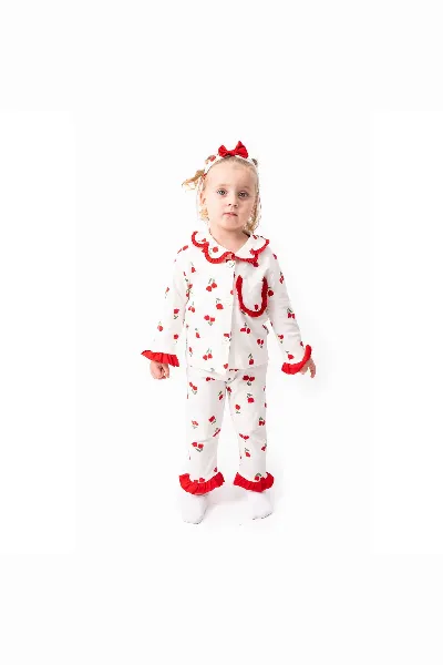 Kız Çocuk Ekru Kırmızı Lale Desenli Fırfırlı Bandanalı Pijama Takımı