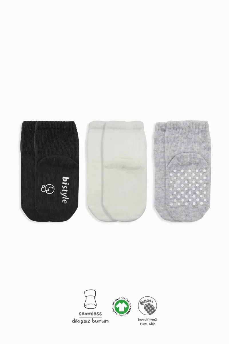 Bistyle 3lü Basic Kaymaz Penye Soket Çorap 10107 Siyah Ekru Gri
