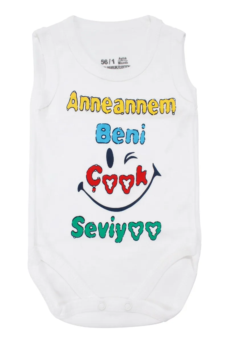 Unisex Beyaz Anneannem Beni Çok Seviyor Yazılı Askılı Zıbın