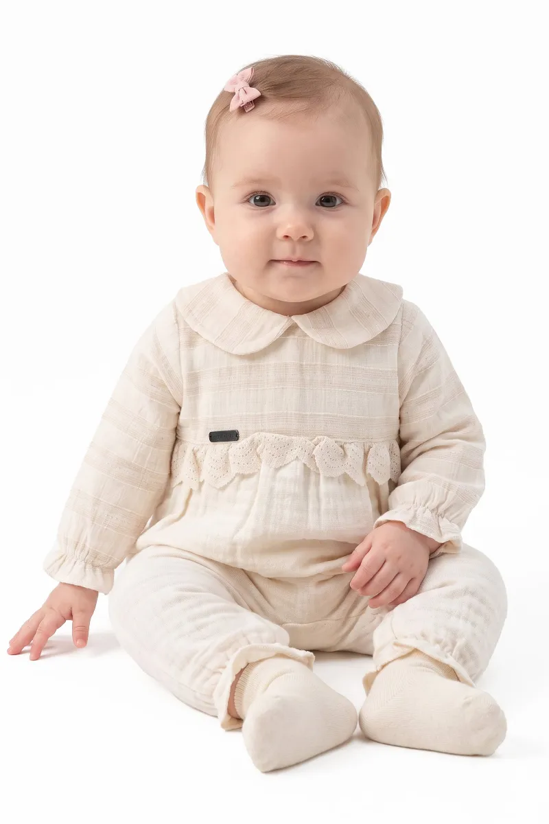 Kız Bebek Ekru Bebe Yakalı Dantelli Müslin Tulum