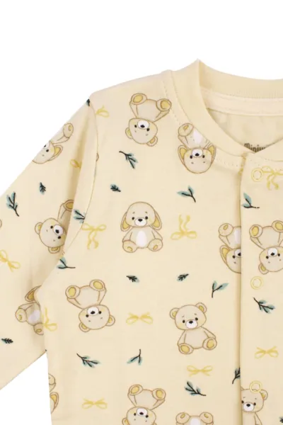 Unisex Sarı Ayıcık Tavşan Baskılı Çıtçıtlı Pijama Takımı