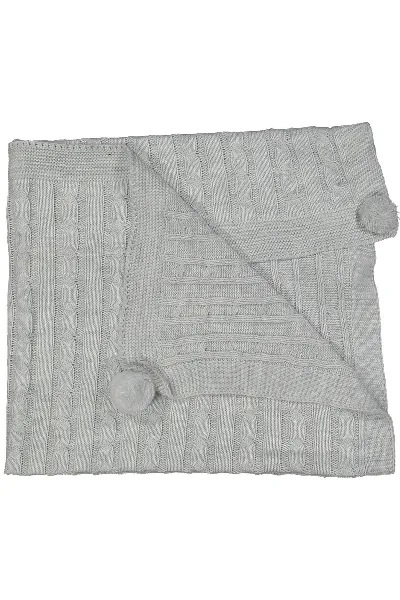 Unisex Bebek Gri Aralıklı Örgülü Desenli Ponponlu Triko Battaniye 80x90