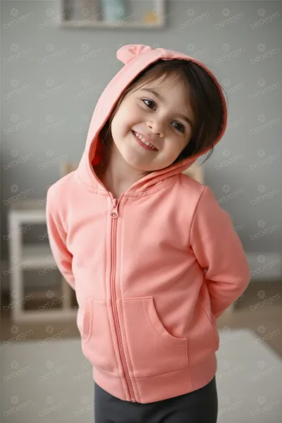 Unisex Kendinden Peluş Oyuncak Kedili Gri Fermuarlı Kapşonlu Hırka