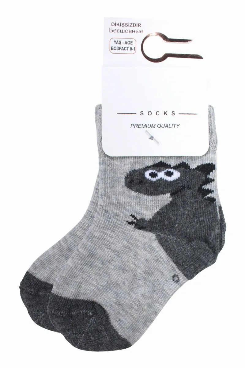 Erkek Bebek Gri Dino Desenli Çorap 0-12 Ay
