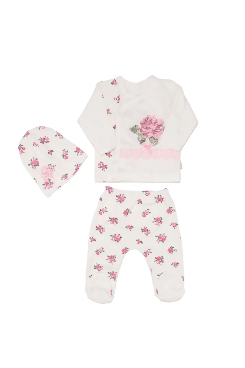 Kız Bebek Beyaz Güllü Kanaviçe Nakışlı 3'lü Pijama Takımı 0-3 Ay