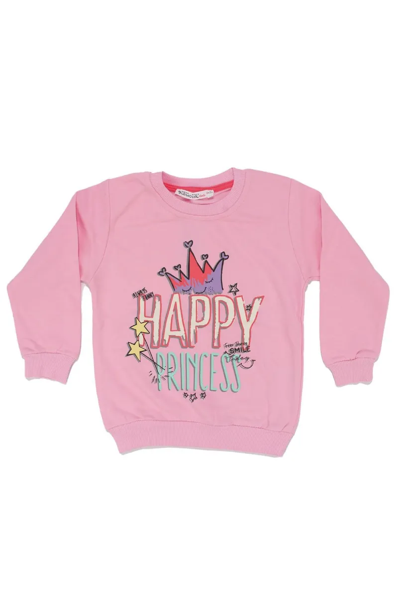 Kız Çocuk Pembe Happy Prensess Yazılı Taç Baskılı Tek Üst Sweat