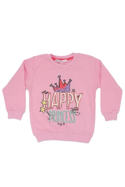 Kız Çocuk Pembe Happy Prensess Yazılı Taç Baskılı Tek Üst Sweat