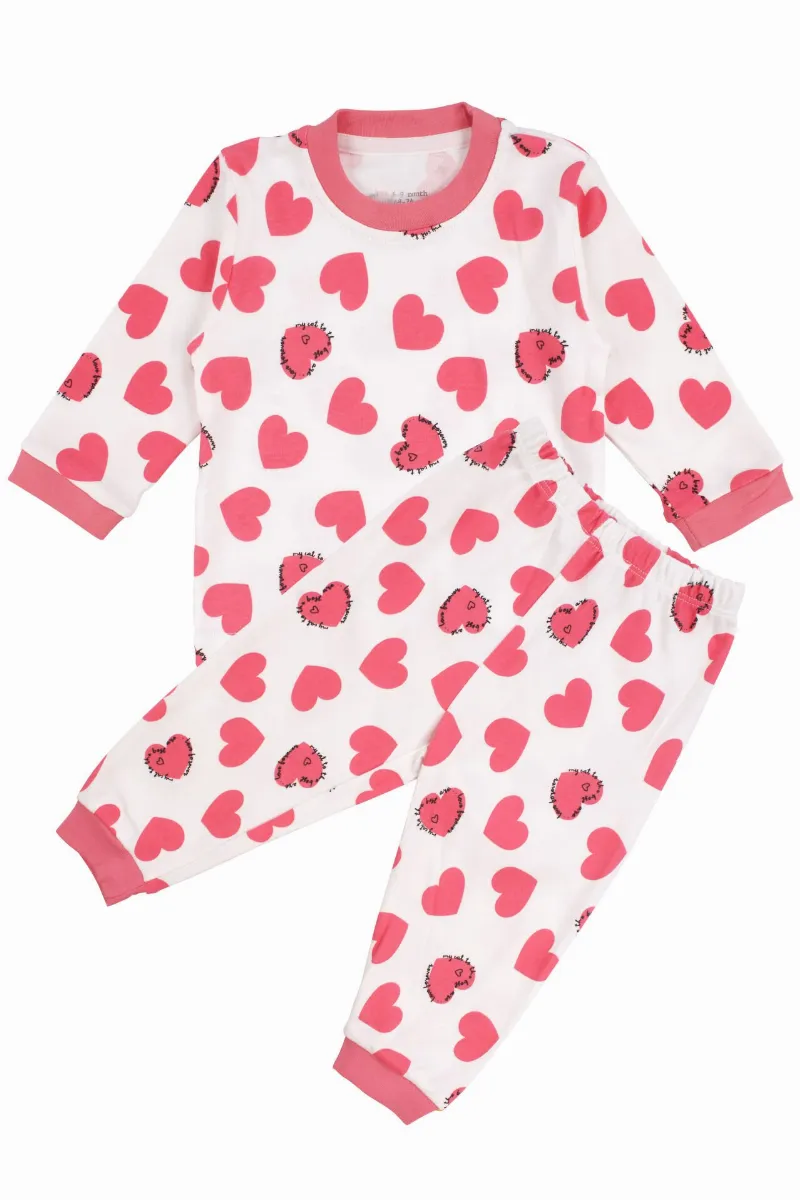 Kız Bebek Ekru Fuşya Kalp Desenli Pijama Takımı