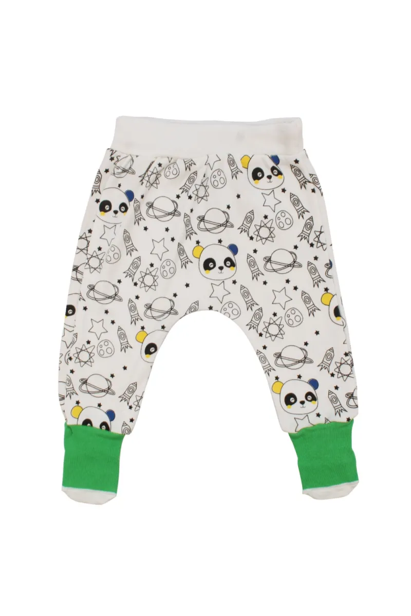 Erkek Bebek Beyaz Yeşil Çoraplı Panda Gezegen Desenli Tek Alt