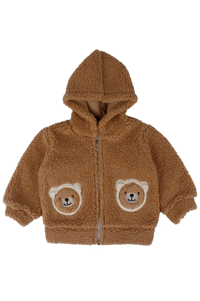 Erkek Bebek Kahverengi Peluş Kapüşonlu Ayıcık Nakışlı Fermuarlı Hırka