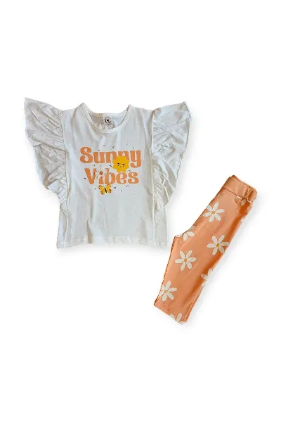 Kız Çocuk Ekru Turuncu Sunny Vibes Yazılı Çiçek Baskılı Taytlı 2'li Takım