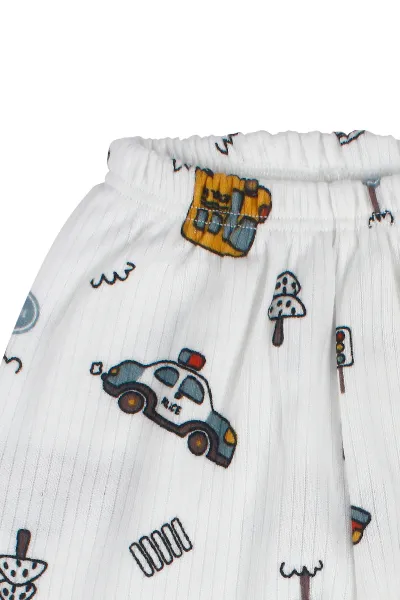 Erkek Bebek Beyaz Araba Baskılı 2'li Pijama Takımı