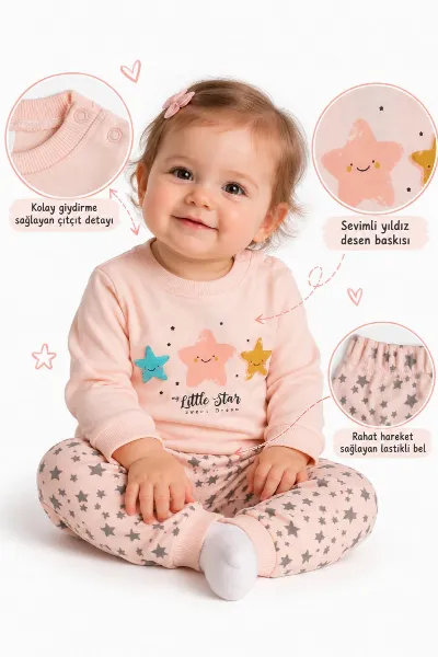 Kız Bebek Somon Yıldızlı Pijama Takımı