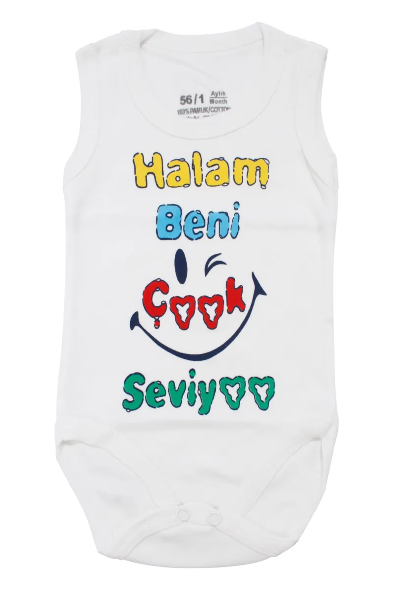 Unisex Beyaz Halam Beni Çok Seviyor Yazılı Askılı Zıbın
