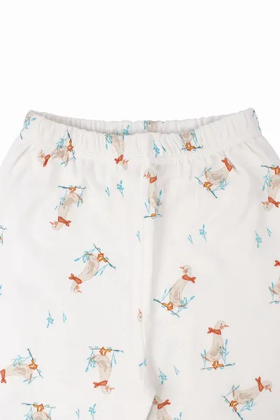 Unisex Ekru Ördek Desenli Çıtçıtlı Pijama Takımı
