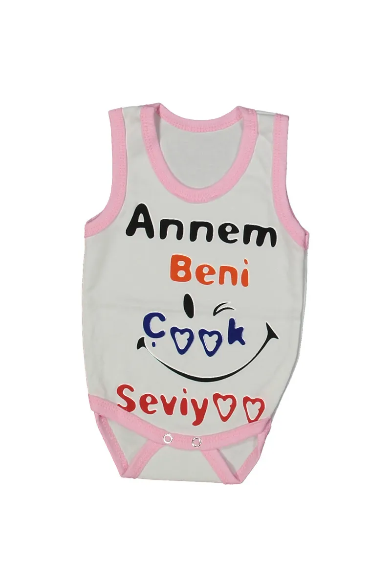 Kız Bebek Beyaz Pembe Biyeli Annem Beni Seviyor Yazılı Askılı Zıbın
