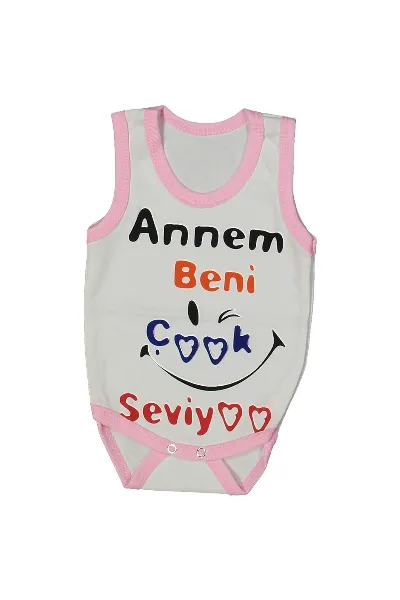 Kız Bebek Beyaz Pembe Biyeli Annem Beni Seviyor Yazılı Askılı Zıbın