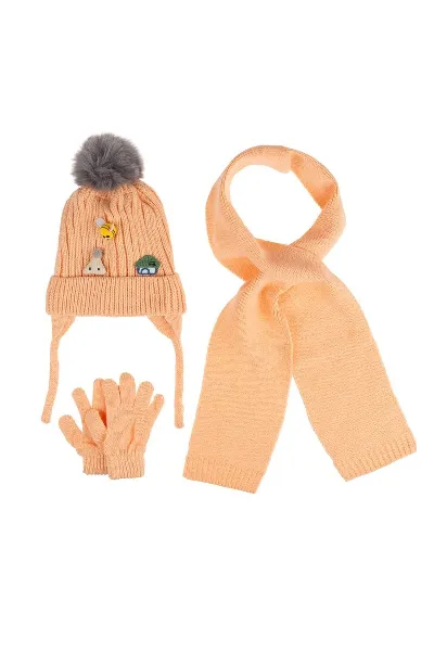 Kitti Bebe Kız Atkı Bere Eldiven Takım (1-4 Yaş) K24160-03 Şeftali