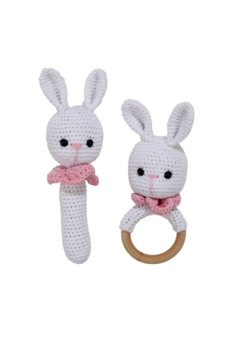 Amigurumi Sevimli Beyaz Pembe Tavşan Diş Kaşıyıcı Çıngıraklı Organik Oyuncak 2'li Set