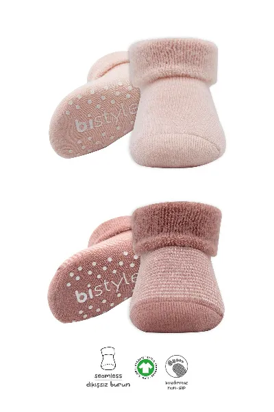Bistyle 2'Li Çemberli Kaymaz Havlu Soket Çorap 10503 Pudra Pembe