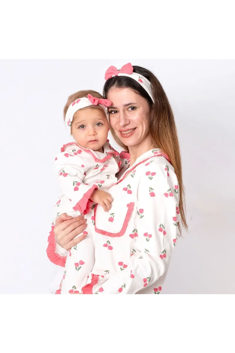 Kadın Anne Ekru Pembe Lale Desenli Fırfırlı Bandanalı Pijama Takımı