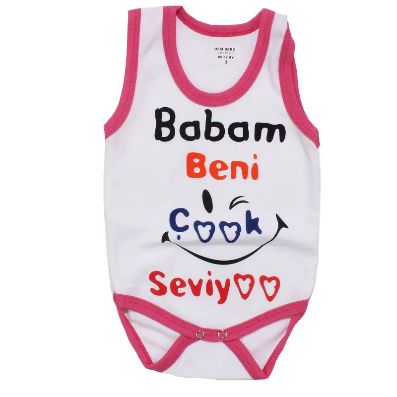 Kız Bebek Beyaz Fuşya Biyeli Babam Beni Seviyor Yazılı Askılı Zıbın