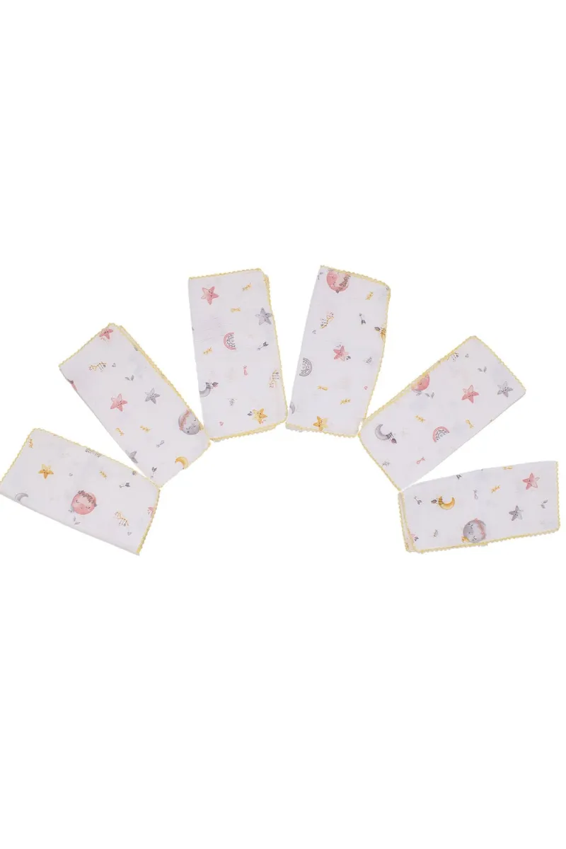 Unisex Sarı Biyeli Kırmızı Yıldız Desenli 28x28 6'Lı Müslin Ağız Mendili
