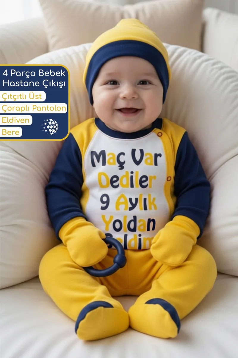Sarı Lacivert Taraftar Maç Var Dediler Yazılı 4 Parça Bebek Takımı
