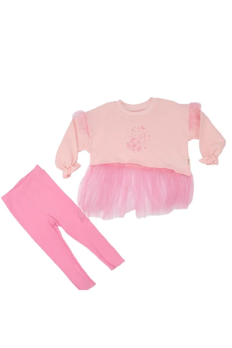 Kız Çocuk Pembe Tüllü Taytlı 2'li Takım