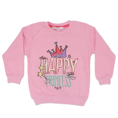 Kız Çocuk Pembe Happy Prensess Yazılı Taç Baskılı Tek Üst Sweat