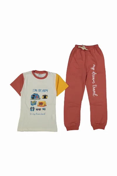 Erkek Çocuk Ekru Turuncu Kamp Baskılı Pijama Takımı
