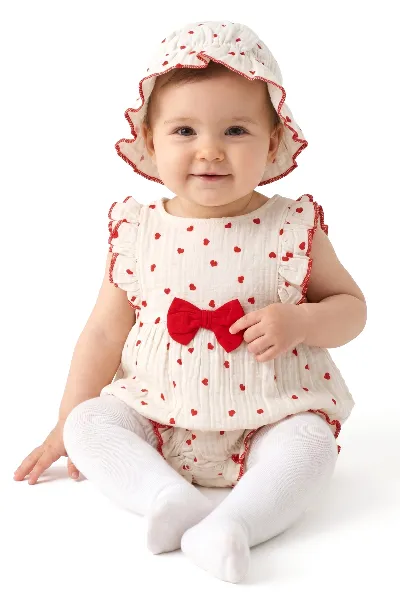 Kız Bebek Ekru Kırmızı Kalp Desenli Şapkalı Müslin Zıbın Tulum