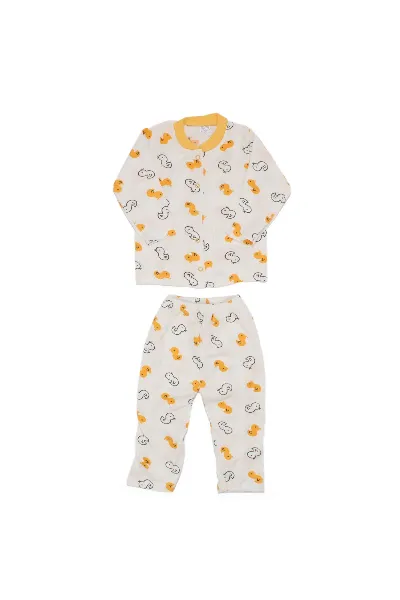 Unisex Ekru Sarı Ördekli Çıtçıtlı Pijama Takımı