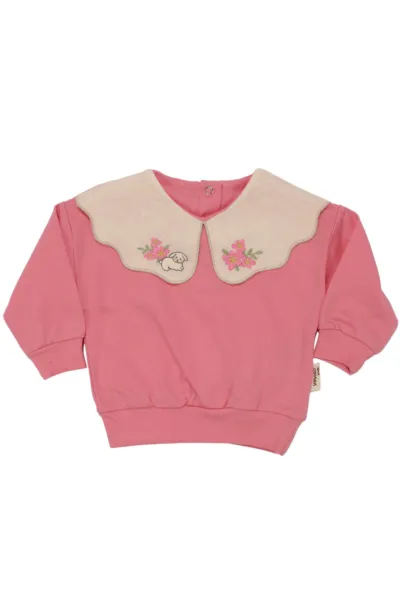 Kız Bebek Pembe Tavşanlı Çiçekli Deseneli Keten Bebe Yakalı 2'li Takım