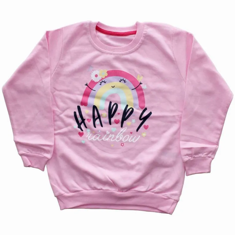 Kız Çocuk Pembe Happy Gökkuşağı Baskılı Tek Üst Sweat