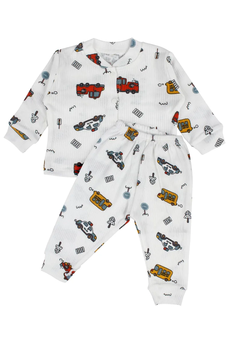 Erkek Bebek Beyaz Araba Baskılı 2'li Pijama Takımı