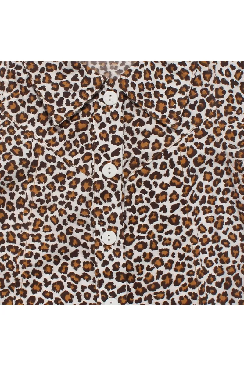 Kız Çocuk Kahve Leopar Desenli Tokalı Yakalı Gömlek Elbise