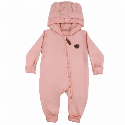 Kız Bebek Pembe Baby Ayıcık Armalı Kapüşonlu 3 İplik Fermuarlı Tulum