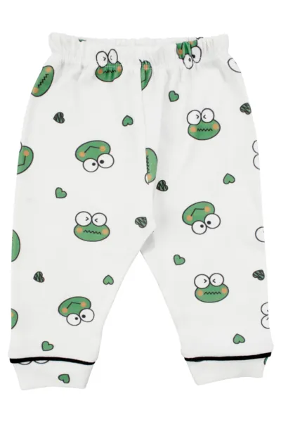 Unisex Ekru Yeşil Kurbağa Desenli Kruvaze Yaka Pijama Takımı