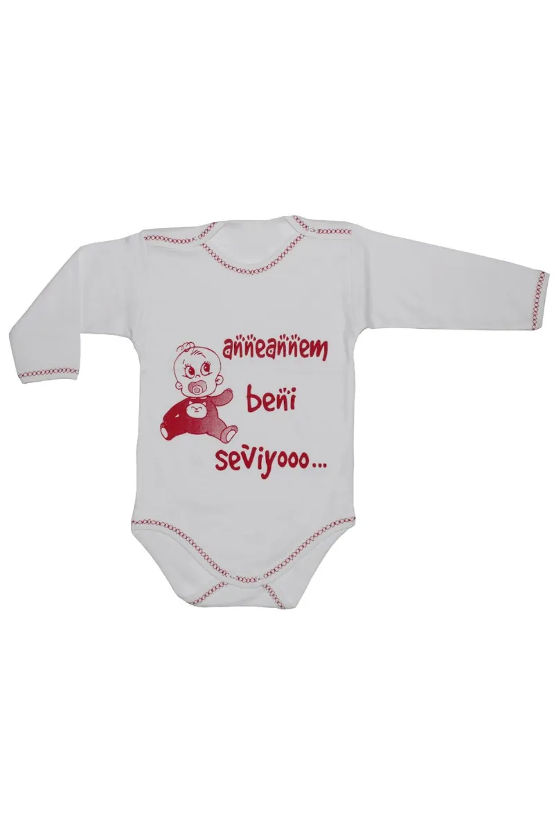 Kırmızı Anneannem Beni Seviyo Yazılı Uzun Kollu Zıbın