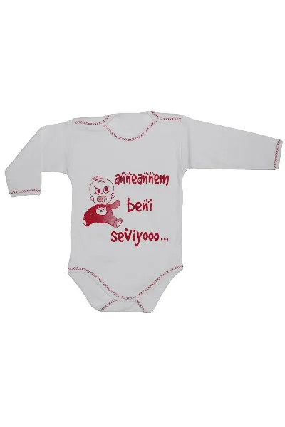 Kırmızı Anneannem Beni Seviyo Yazılı Uzun Kollu Zıbın