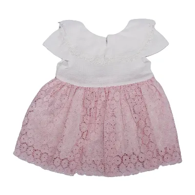 Kız Bebek Ekru Pembe Güpürlü Elbise