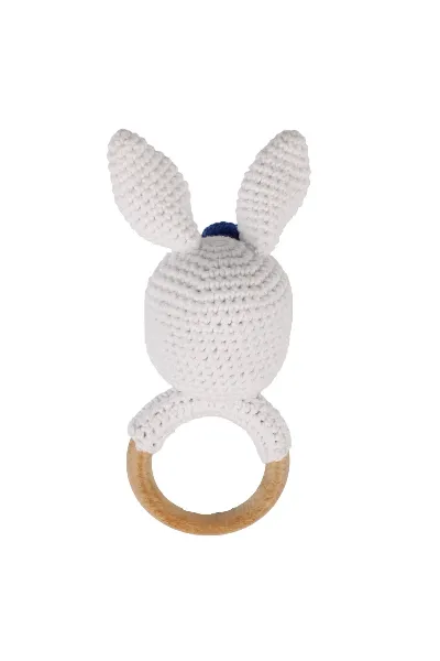 Küçük Mavi Şapkalı Beyaz Tavşan Amigurumi Çıngırak