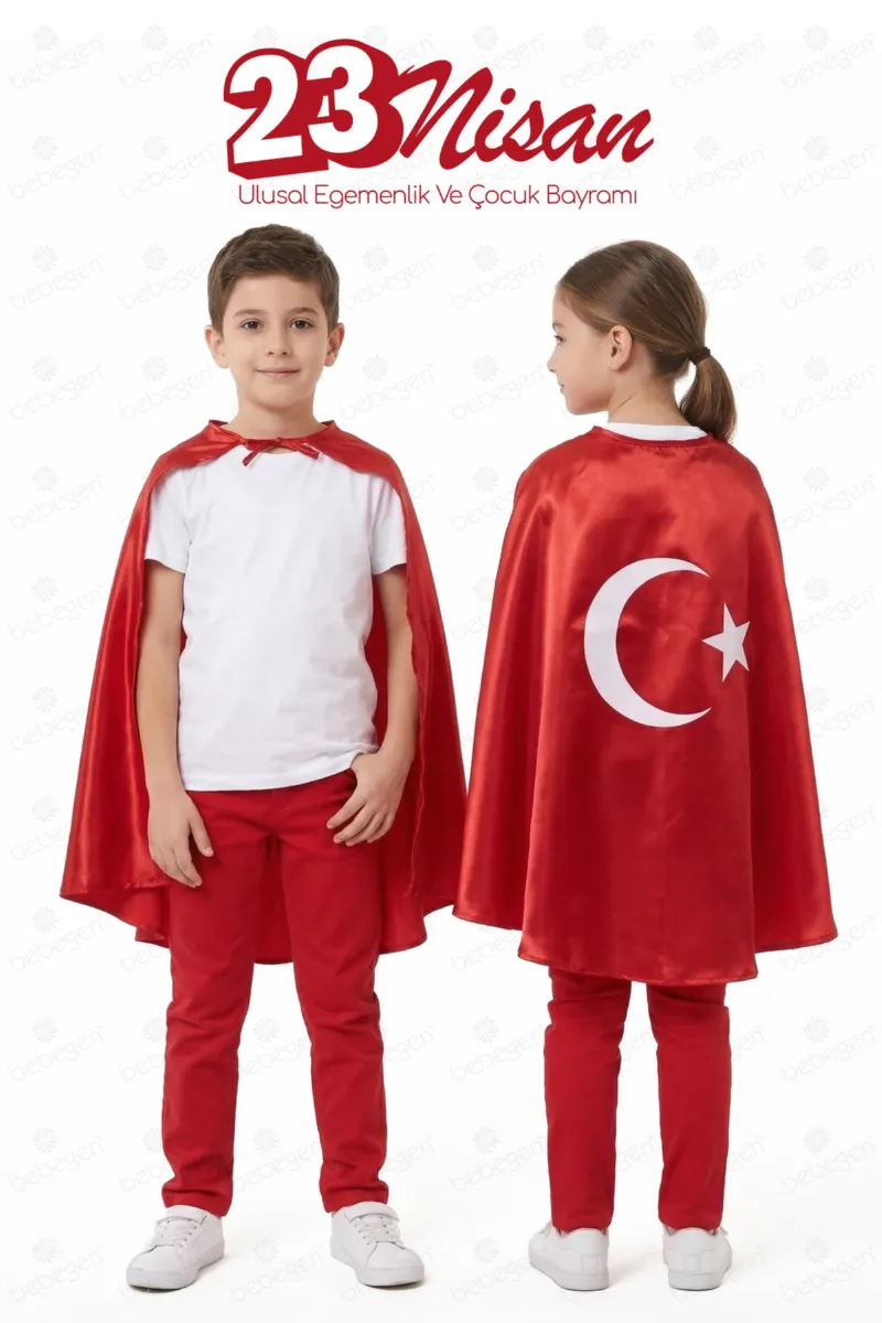 Unisex Kırmızı Saten Ay Yıldız Baskılı El Geçirmeli 23 Nisan Pelerin