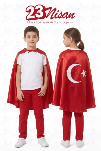 Unisex Kırmızı Saten Ay Yıldız Baskılı El Geçirmeli 23 Nisan Pelerin