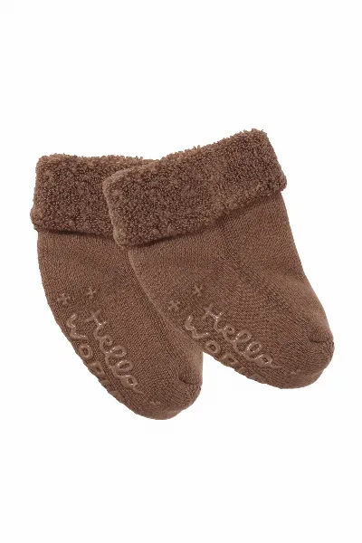Unisex Açık Kahve Kıvrık Hello Kaydırmaz Taban Havlu Çorap