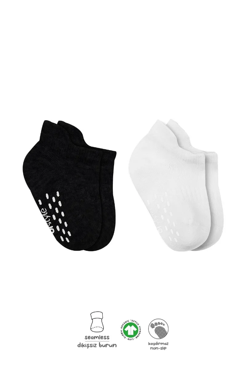 Bistyle 2'Li Sneakers Kaymaz Basic Penye Çorap 20103 Siyah Ekru