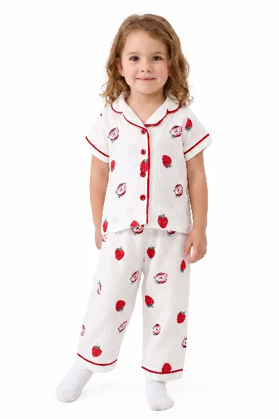 Kız Bebek Beyaz Kırmızı Çilek Baskılı Müslin Pijama Takımı