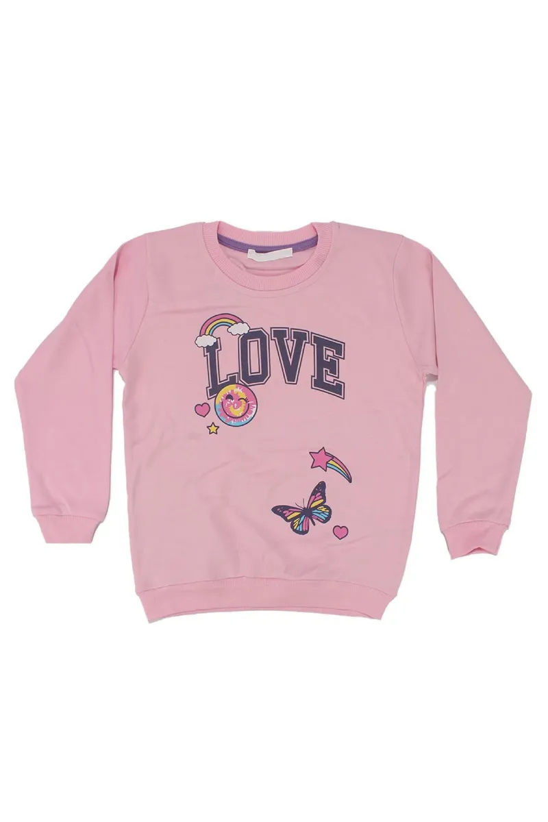 Kız Çocuk Pudra Love Gülücük Baskılı Tek Üst Sweat